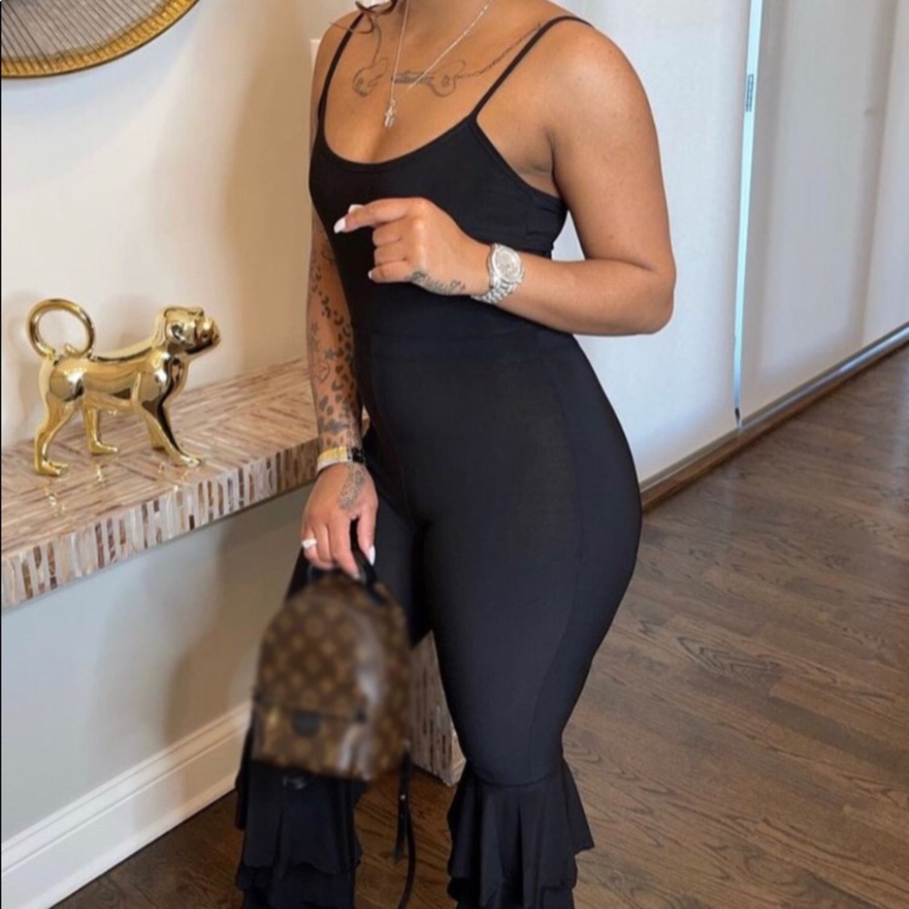 Street Layered Cascading Flounce Black Design One Piece Jumpsuit